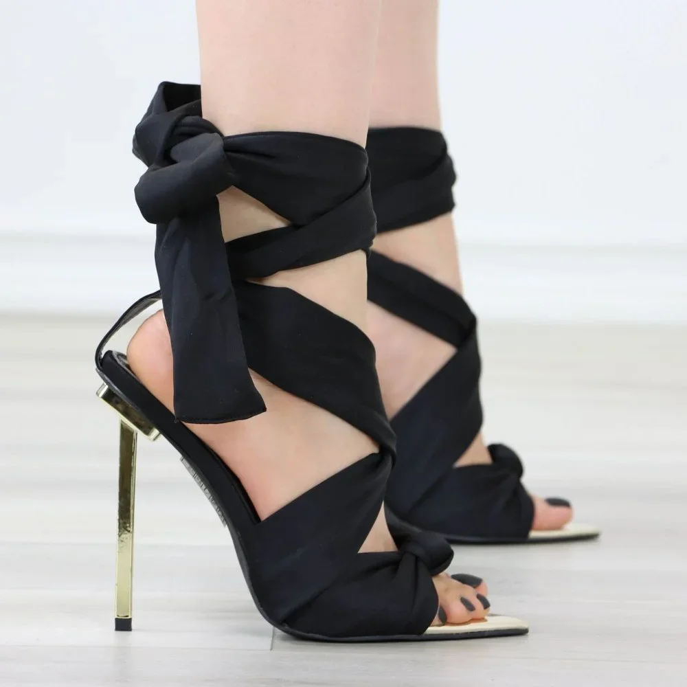 Black Open pointed Toe High Heel Ankle Strap Fabric Gold Needle Heel - Picture 5 of 12